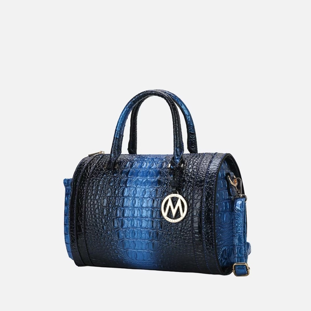 Blue and Black Croc-Embossed Handbag
